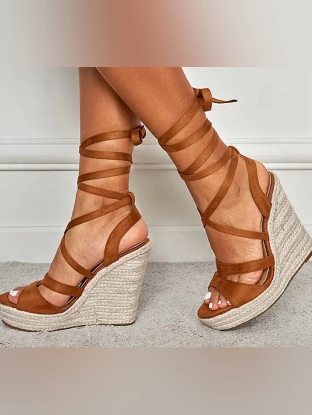 Tan Lace-Up Wedge Sandals